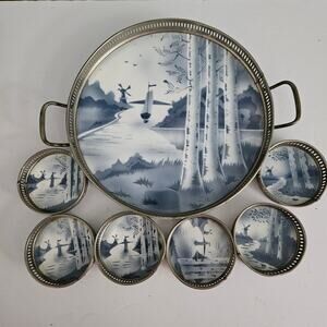 Vtg Delft Porcelain Tray and 6 Coasters Blue White Sailboat Birch Trees Windmill